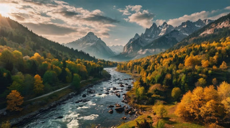 Panoramic view of the mountains and the river in autumn.