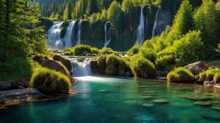 Waterfall in the mountains. Beautiful summer landscape with a waterfall.