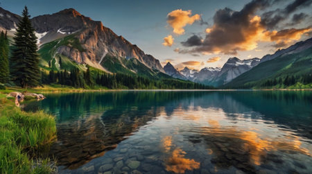 Mountain lake at sunset in Banff National Park, Alberta, Canada