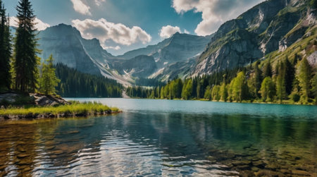 Panoramic view of the mountain lake in the Dolomites