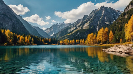 panoramic view of beautiful alpine lake in autumn, Dolomites, Italyの写真素材