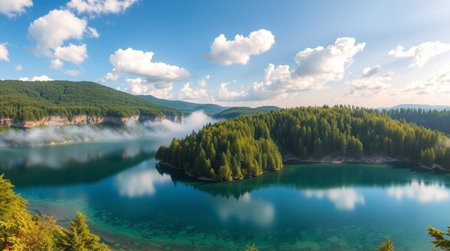 panoramic view of the lake in the mountains. beautiful summer landscapeの写真素材