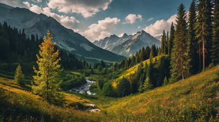 Beautiful mountain landscape with a river and coniferous forest.