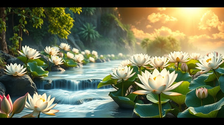 White lotus flower in the pond with beautiful nature background and sunsetの写真素材