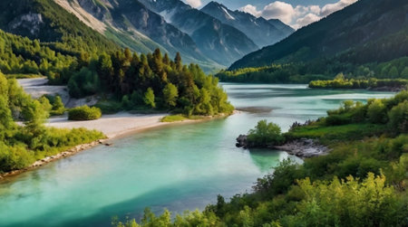 Beautiful mountain landscape with turquoise river and high mountains in the backgroundの写真素材