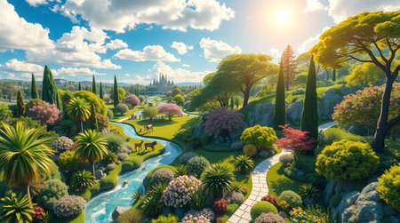 Beautiful view of the park in spring time. 3d renderingの写真素材