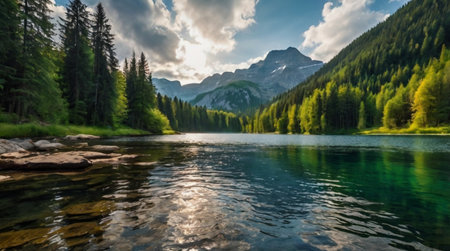 Panoramic view of a lake in the Dolomites, Italy