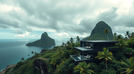 3d render of a modern house on the top of a mountainの写真素材