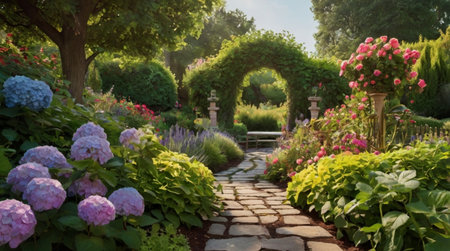 Beautiful spring garden with blooming hydrangeas and stone pathway