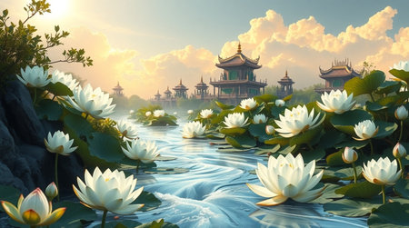Beautiful lotus flower in pond with pavilion at sunset.の写真素材