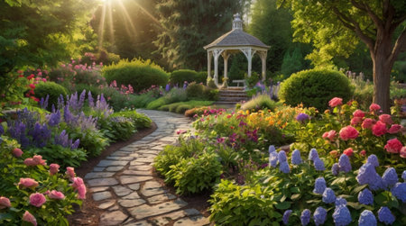 Garden with blooming hydrangea and gazebo