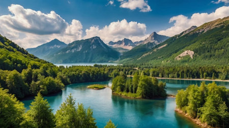 Panoramic view of beautiful alpine lake in summer. Beauty of nature concept.の写真素材