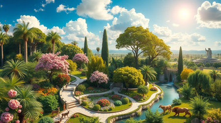 Fantasy landscape with beautiful garden.3d render illustration design.の写真素材