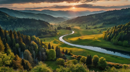 Mountain landscape with river and forest at sunset. Carpathian, Ukraineの写真素材