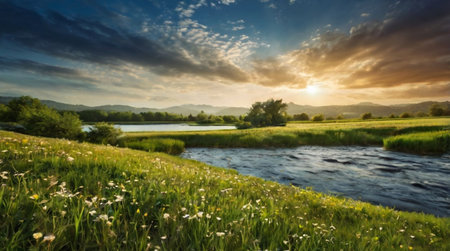 Beautiful summer landscape with river and mountains in the background at sunsetの写真素材