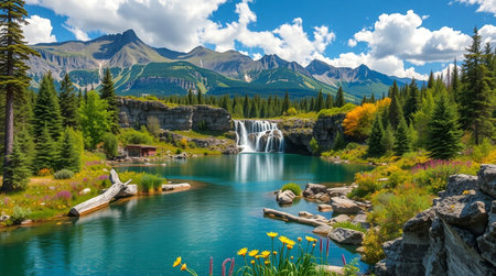 Panoramic view of a lake with a waterfall, surrounded by mountains and lush greeneryの写真素材