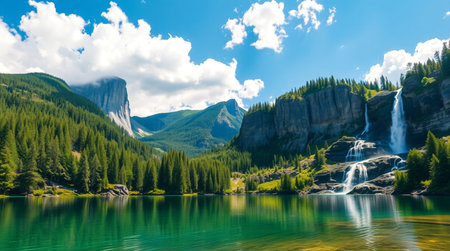 Waterfall in the mountains. Beautiful summer landscape with waterfalls.
