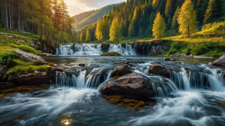 Mountain stream in the mountains at sunset. Beautiful summer landscape.の写真素材