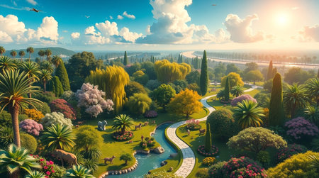 Fantasy landscape. Aerial view of beautiful blooming garden and lake.の写真素材