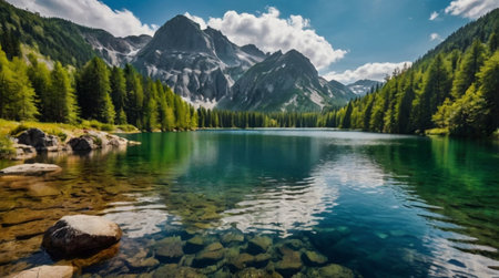 Panoramic view of the lake in the Dolomites, Italy