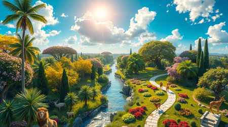 3D rendering of a beautiful fantasy garden with flowers and trees.の写真素材