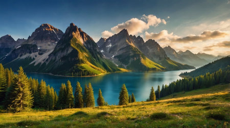 Beautiful panoramic view of the lake in the mountains.の写真素材