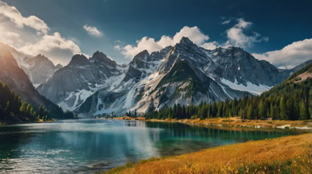 Panoramic view of lake in the mountains