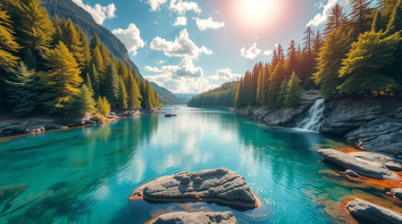 Beautiful view of mountain lake with clear turquoise water and high mountains in backgroundの写真素材