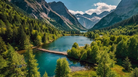 Panoramic view of idyllic alpine lake in Dolomites, Italyの写真素材