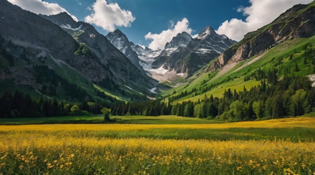 Panoramic view of alpine meadow with yellow flowers and mountains in backgroundの写真素材