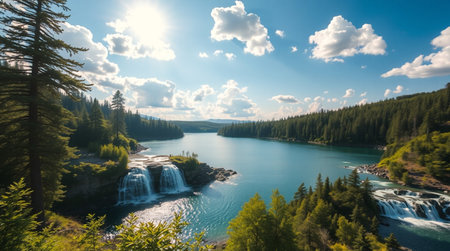 Panoramic view of a river with waterfalls.の写真素材