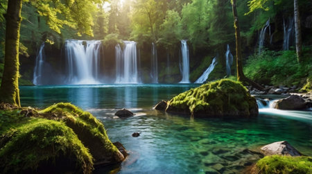 Panoramic view of beautiful waterfall in Plitvice Lakes National Park, Croatiaの写真素材