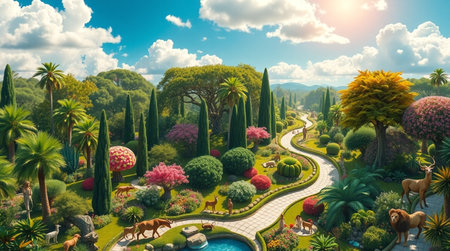 Fantasy landscape with trees, flowers and mountains. 3d renderingの写真素材