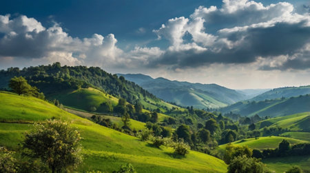 Panoramic view of rolling hills in Tuscany, Italyの写真素材