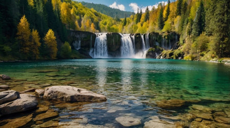Panoramic view of a beautiful waterfall in the autumn forest.の写真素材