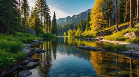 Beautiful alpine landscape with lake and mountains in the background.