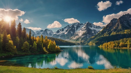panoramic view of alpine lake with reflection of mountains in waterの写真素材