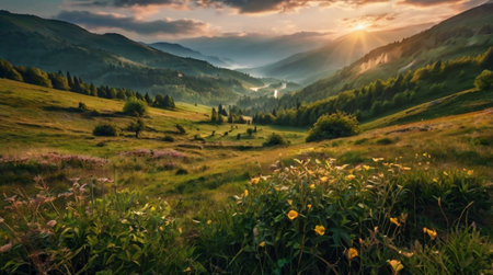 Beautiful sunset in the mountains. Carpathians, Ukraine, Europeの写真素材