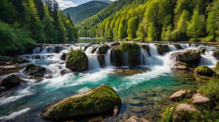 Panoramic view of a waterfall in the mountains. Beautiful summer landscape.の写真素材