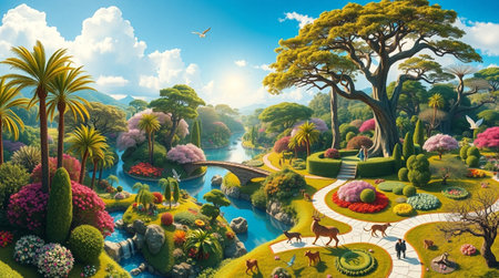 3D render of fantasy garden with trees and lake in the morningの写真素材