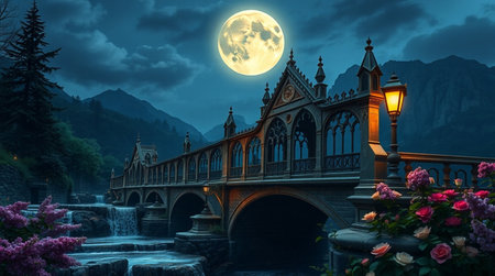 Wooden bridge over the river at night with full moon. 3d renderingの写真素材
