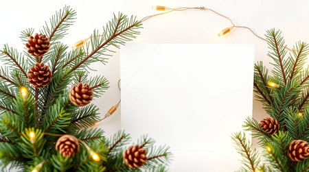 Christmas greeting card mockup with fir branches, pine cones and garland lights on white background