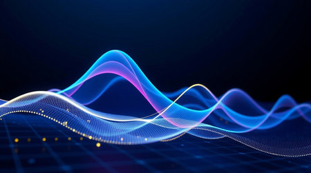 3d rendering of abstract technology digital background. Futuristic wave with glowing particlesの写真素材