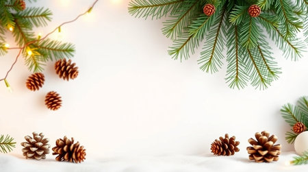 Christmas background with fir tree branches, pine cones and garland lights on a white backgroundの写真素材