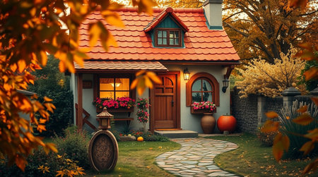 Autumn garden with cozy house and flowers. Fall season concept.の写真素材