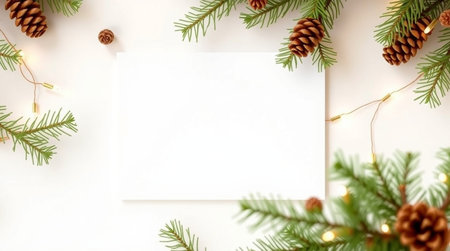 Christmas greeting card mockup with fir branches, pine cones and garland on white background