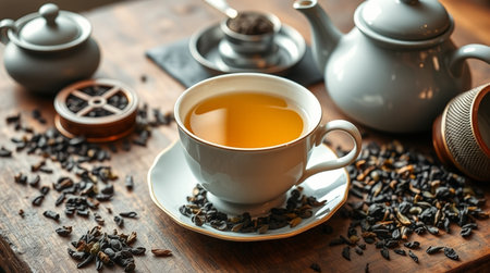 Cup of tea with teapot and cups on wooden tableの写真素材