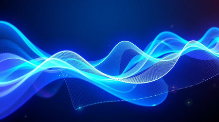 Abstract blue wave with glowing particles on dark background. 3d rendering