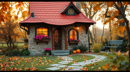 Beautiful house in the autumn park. Autumn landscape with a beautiful house.の写真素材
