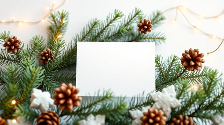 Christmas greeting card mockup with fir branches, pine cones and garland lights on white background